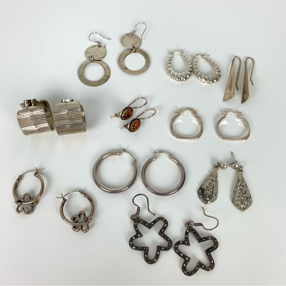 Lot Of 10 Sterling Silver Earrings Vtg Wearable Vtg Stamped Star Hoop Amber 46g